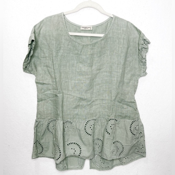Terzo Millennio Sage Green Linen Eyelet Short Sleeve Size Small Made In Italy - Picture 1 of 7